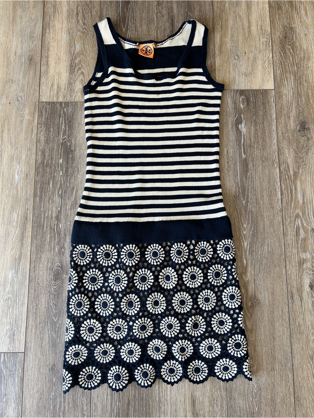Tory Burch Navy & Cream Striped Knit Midi Dress with Crochet Skirt